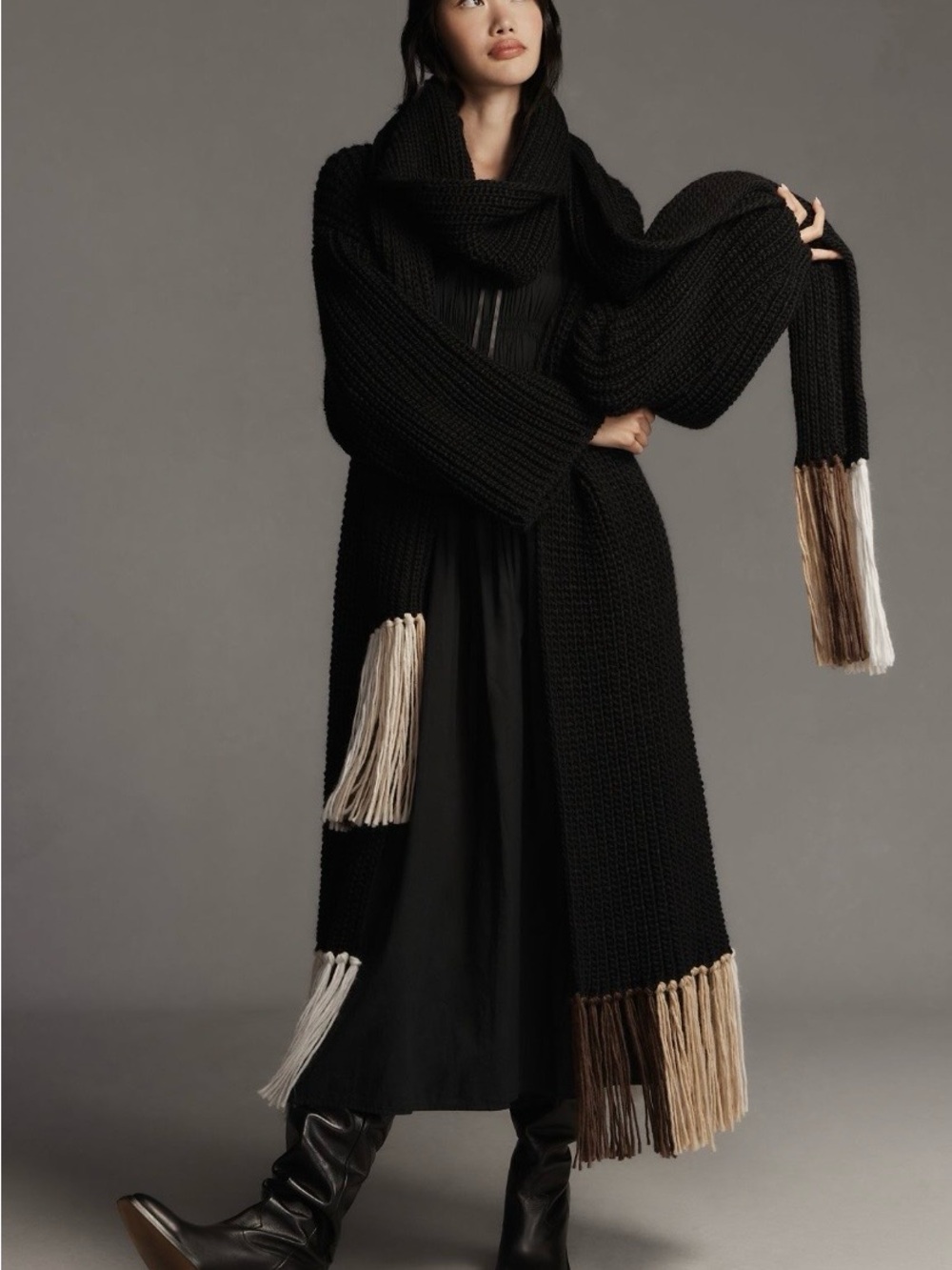 Long Chunky Black Knit Scarf with Neutral Fringe by Anthropologie
